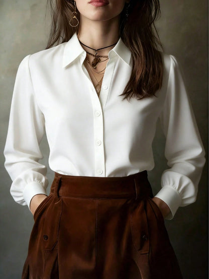 Elegant Solid Color Women's Long Sleeve Shirt, Versatile Casual Blouse For All Seasons