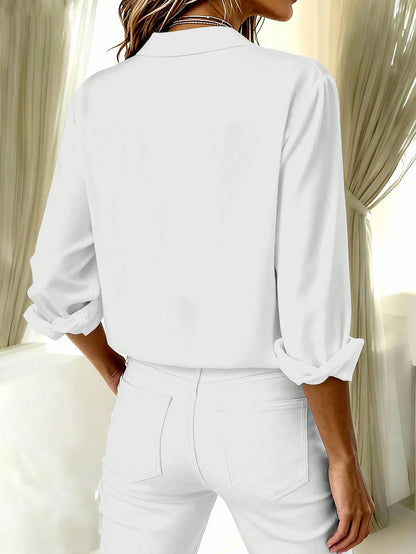 Elegant White Button-Front Plus Size Shirt, Shirt Collar, Regular Long Sleeve, Woven Fabric, Luxurious Texture