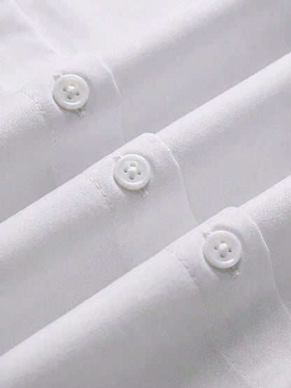Elegant White Button-Front Plus Size Shirt, Shirt Collar, Regular Long Sleeve, Woven Fabric, Luxurious Texture