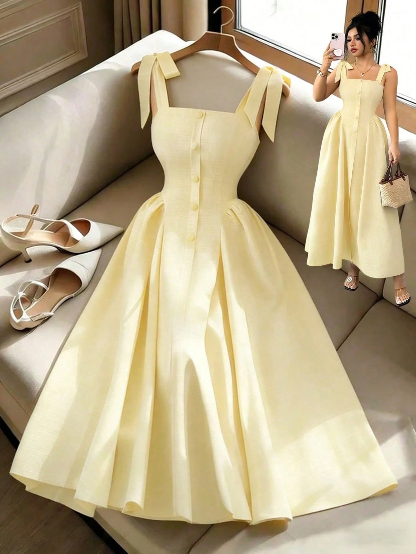 Elenzga New Arrival Tie-Shoulder Textured Bicolor Woven Midi Dress, Youthful Elegant Versatile Office Wear