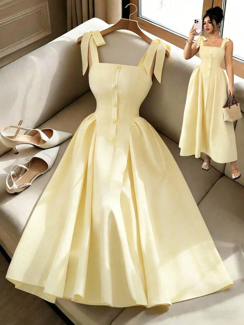 Elenzga New Arrival Tie-Shoulder Textured Bicolor Woven Midi Dress, Youthful Elegant Versatile Office Wear