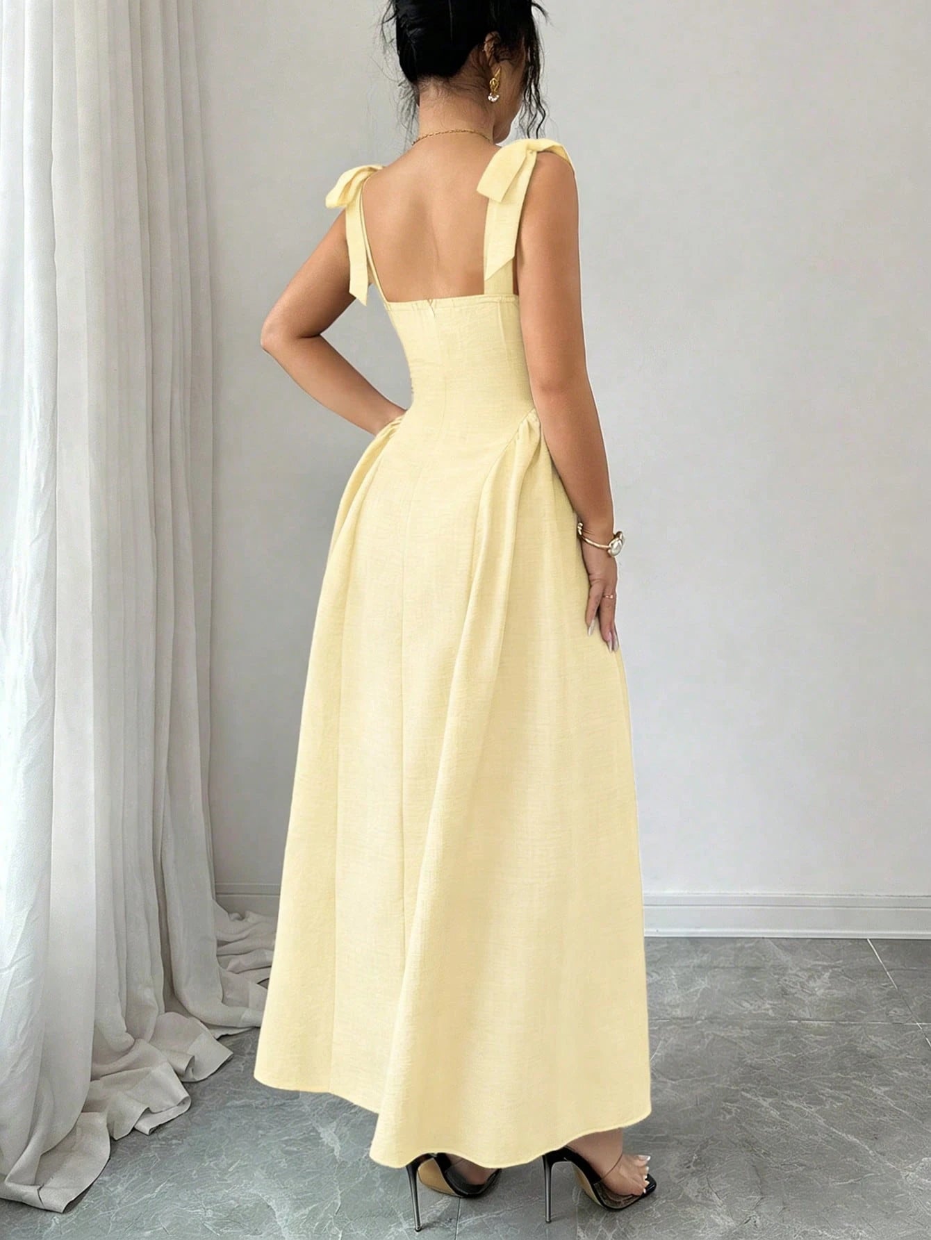 Elenzga New Arrival Tie-Shoulder Textured Bicolor Woven Midi Dress, Youthful Elegant Versatile Office Wear