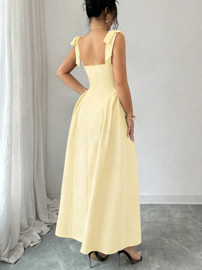 Elenzga New Arrival Tie-Shoulder Textured Bicolor Woven Midi Dress, Youthful Elegant Versatile Office Wear