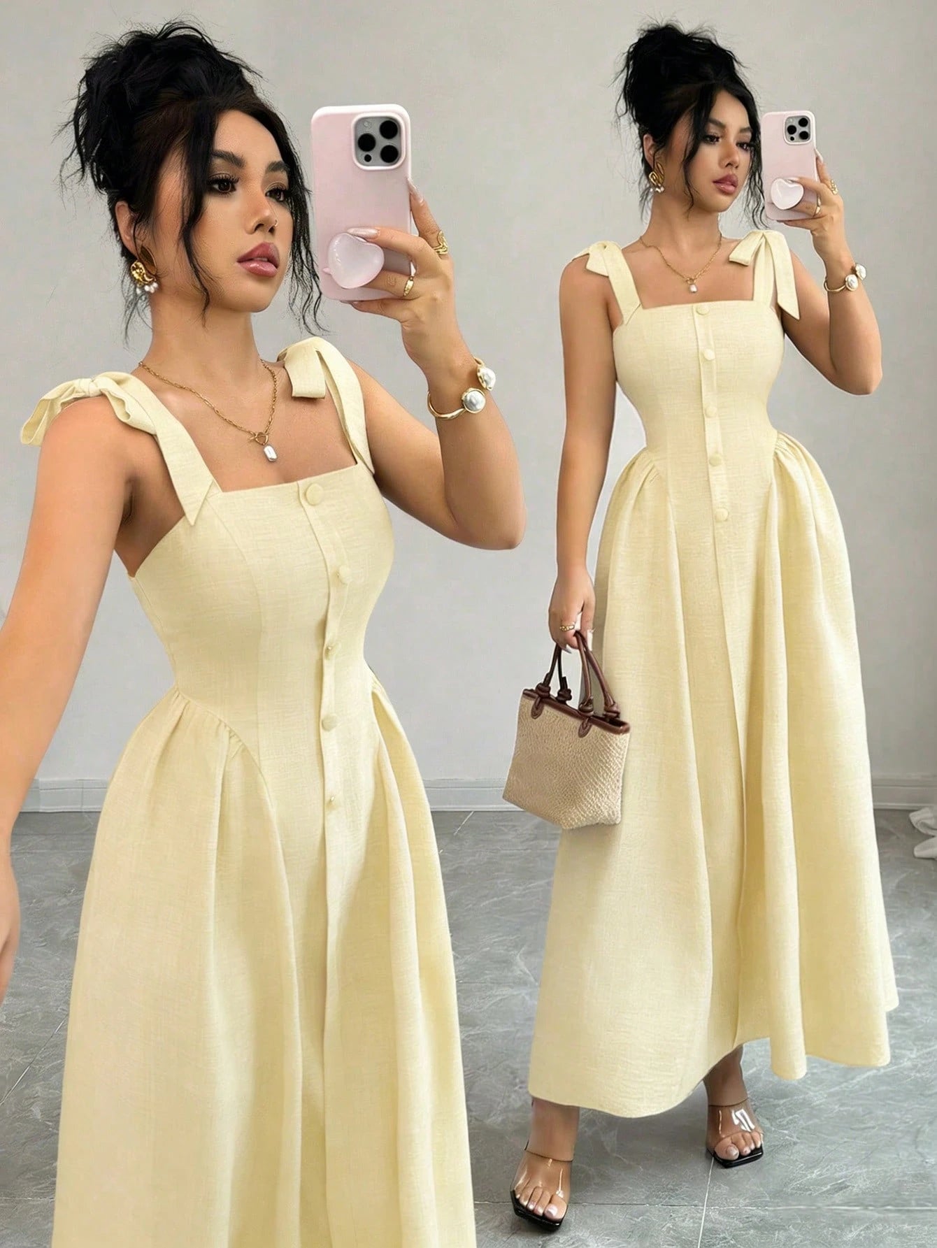 Elenzga New Arrival Tie-Shoulder Textured Bicolor Woven Midi Dress, Youthful Elegant Versatile Office Wear