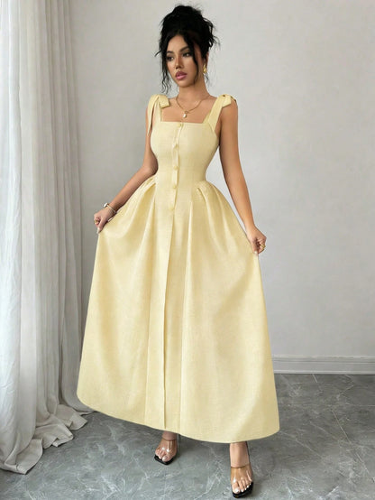 Elenzga New Arrival Tie-Shoulder Textured Bicolor Woven Midi Dress, Youthful Elegant Versatile Office Wear