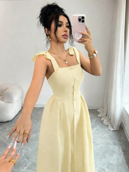 Elenzga New Arrival Tie-Shoulder Textured Bicolor Woven Midi Dress, Youthful Elegant Versatile Office Wear