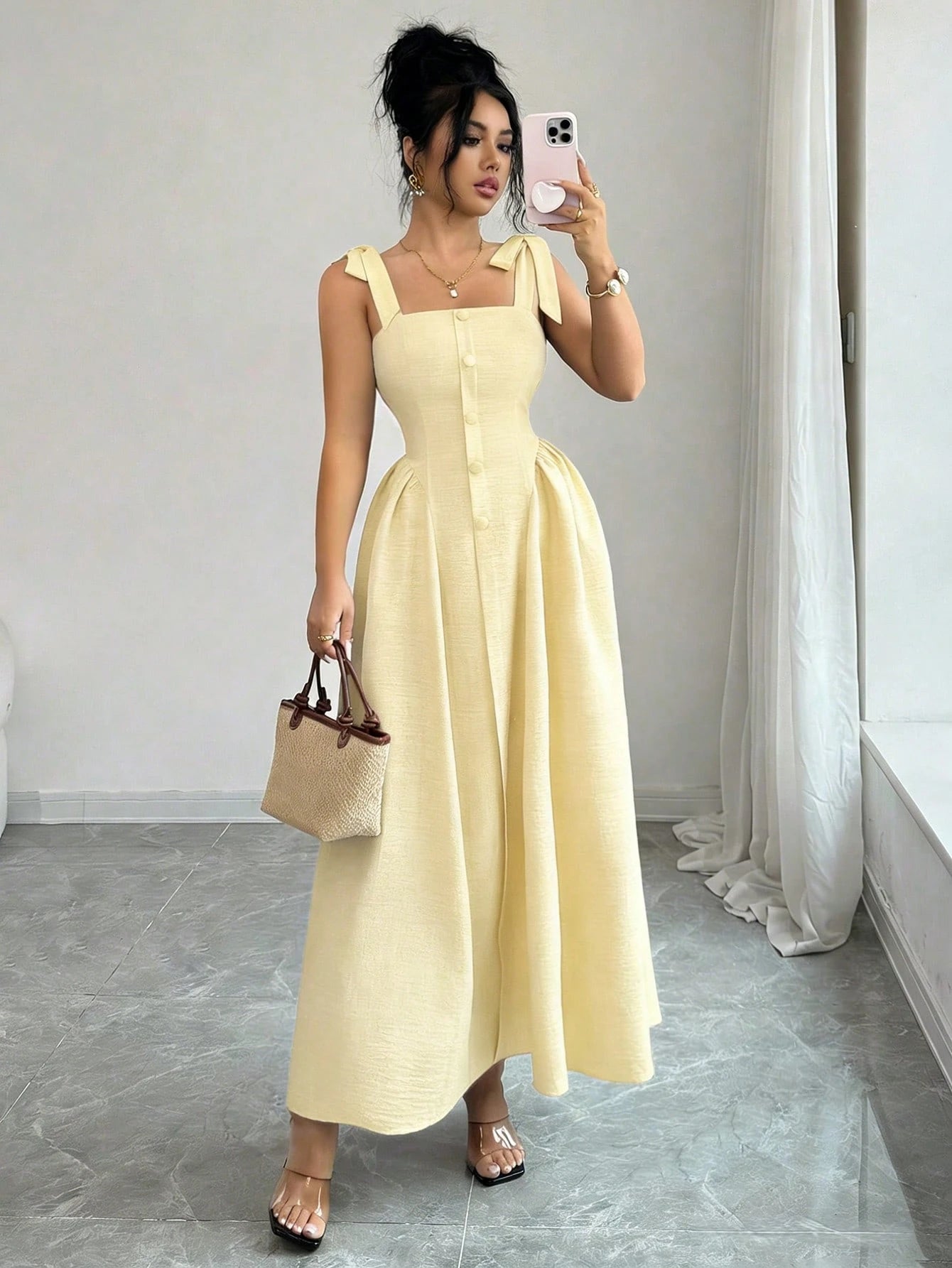 Elenzga New Arrival Tie-Shoulder Textured Bicolor Woven Midi Dress, Youthful Elegant Versatile Office Wear