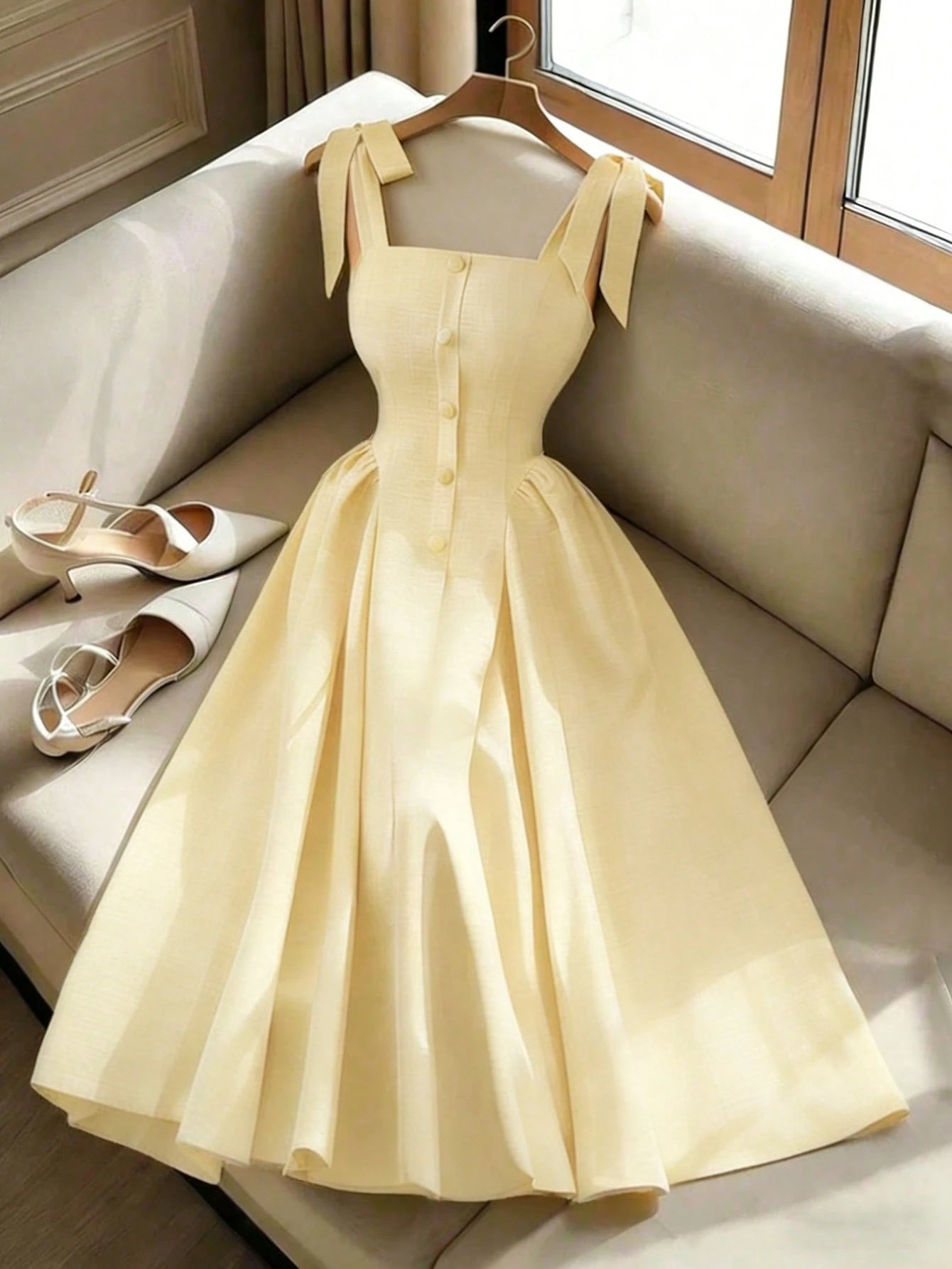 Elenzga New Arrival Tie-Shoulder Textured Bicolor Woven Midi Dress, Youthful Elegant Versatile Office Wear