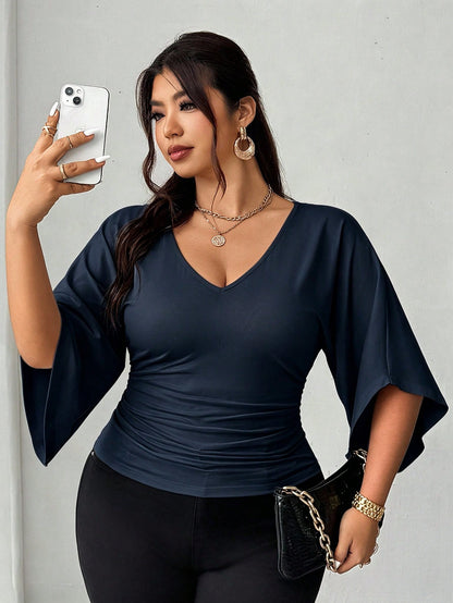 Elenzga Plus Size Cinched Waist Casual French Style Versatile T-Shirt