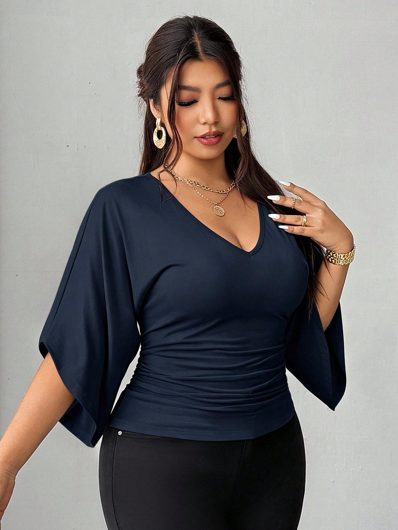 Elenzga Plus Size Cinched Waist Casual French Style Versatile T-Shirt