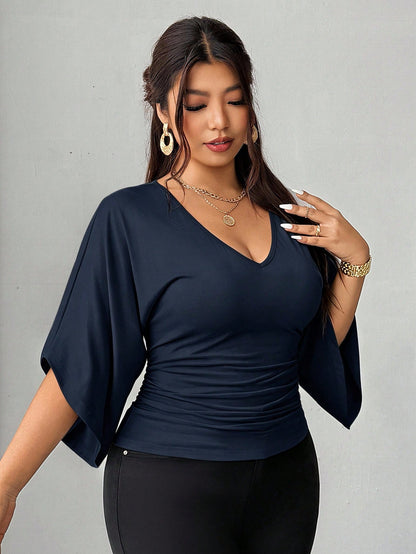 Elenzga Plus Size Cinched Waist Casual French Style Versatile T-Shirt