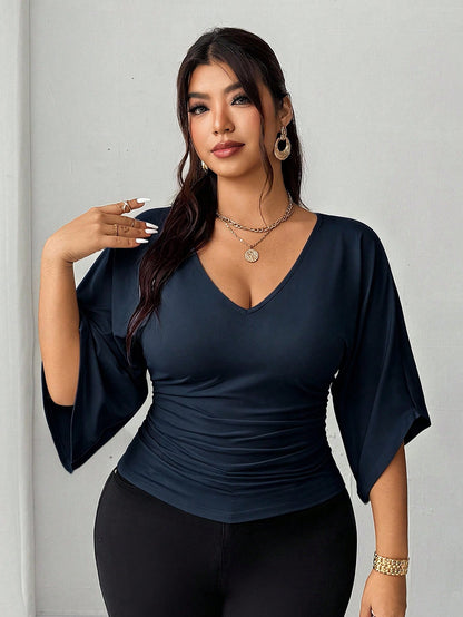 Elenzga Plus Size Cinched Waist Casual French Style Versatile T-Shirt
