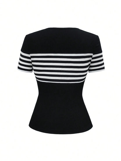 Elenzga Plus Size Summer Casual Striped Short Sleeve T-Shirt