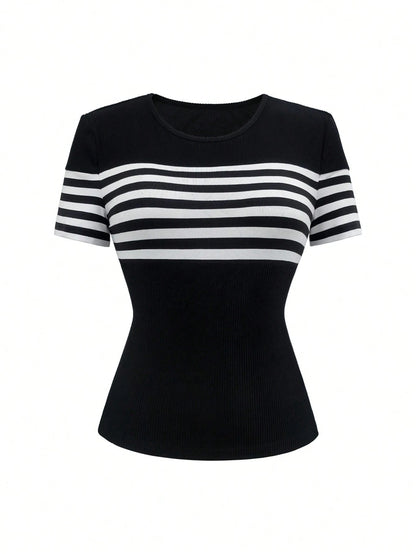 Elenzga Plus Size Summer Casual Striped Short Sleeve T-Shirt