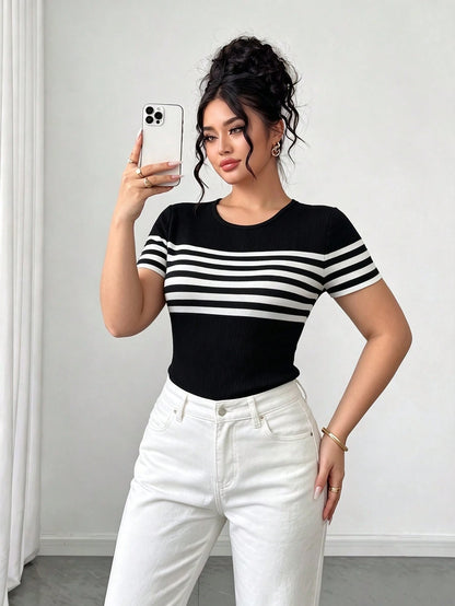 Elenzga Plus Size Summer Casual Striped Short Sleeve T-Shirt