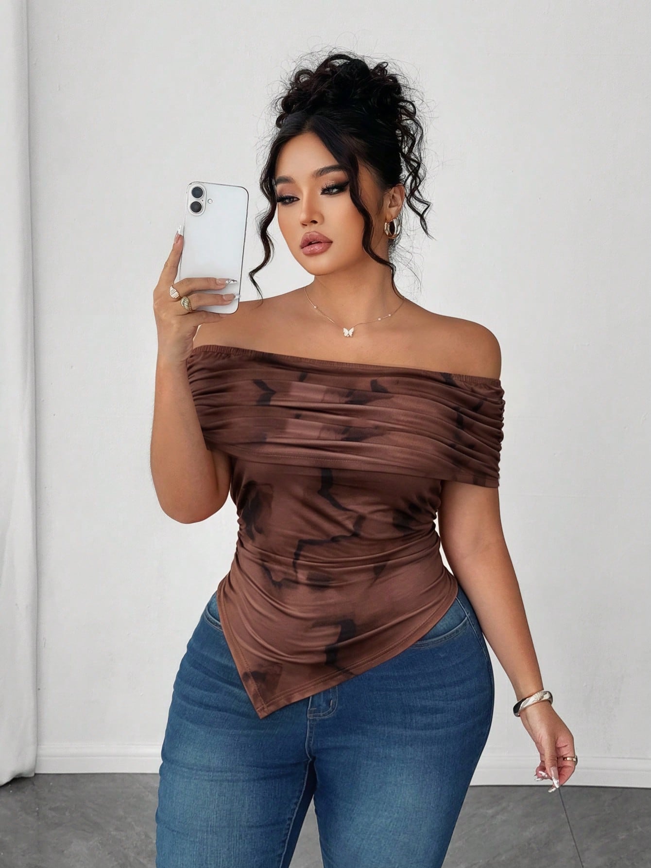 Elenzga Plus Size Women Elegant Off-Shoulder Ruched Asymmetric Hem Cinched Waist T-Shirt