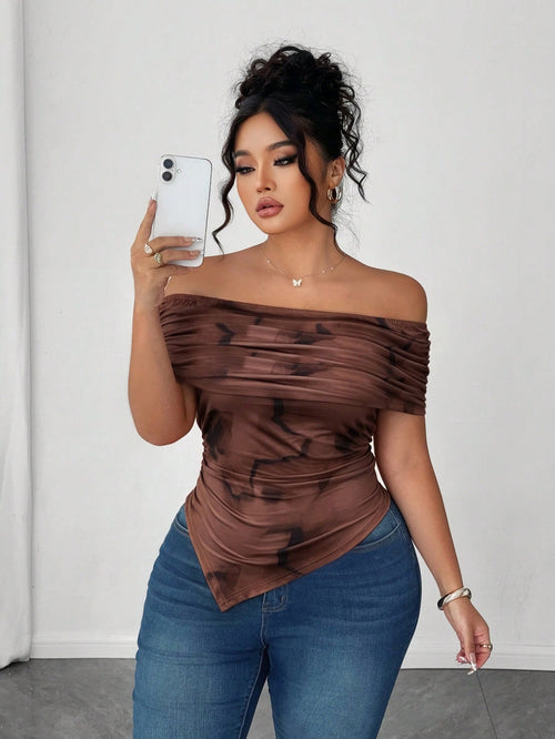 Elenzga Plus Size Women Elegant Off-Shoulder Ruched Asymmetric Hem Cinched Waist T-Shirt