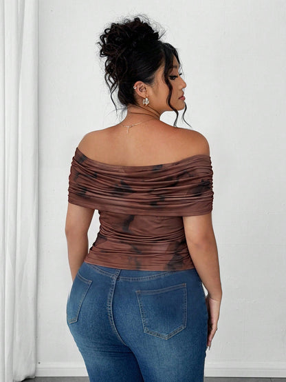 Elenzga Plus Size Women Elegant Off-Shoulder Ruched Asymmetric Hem Cinched Waist T-Shirt