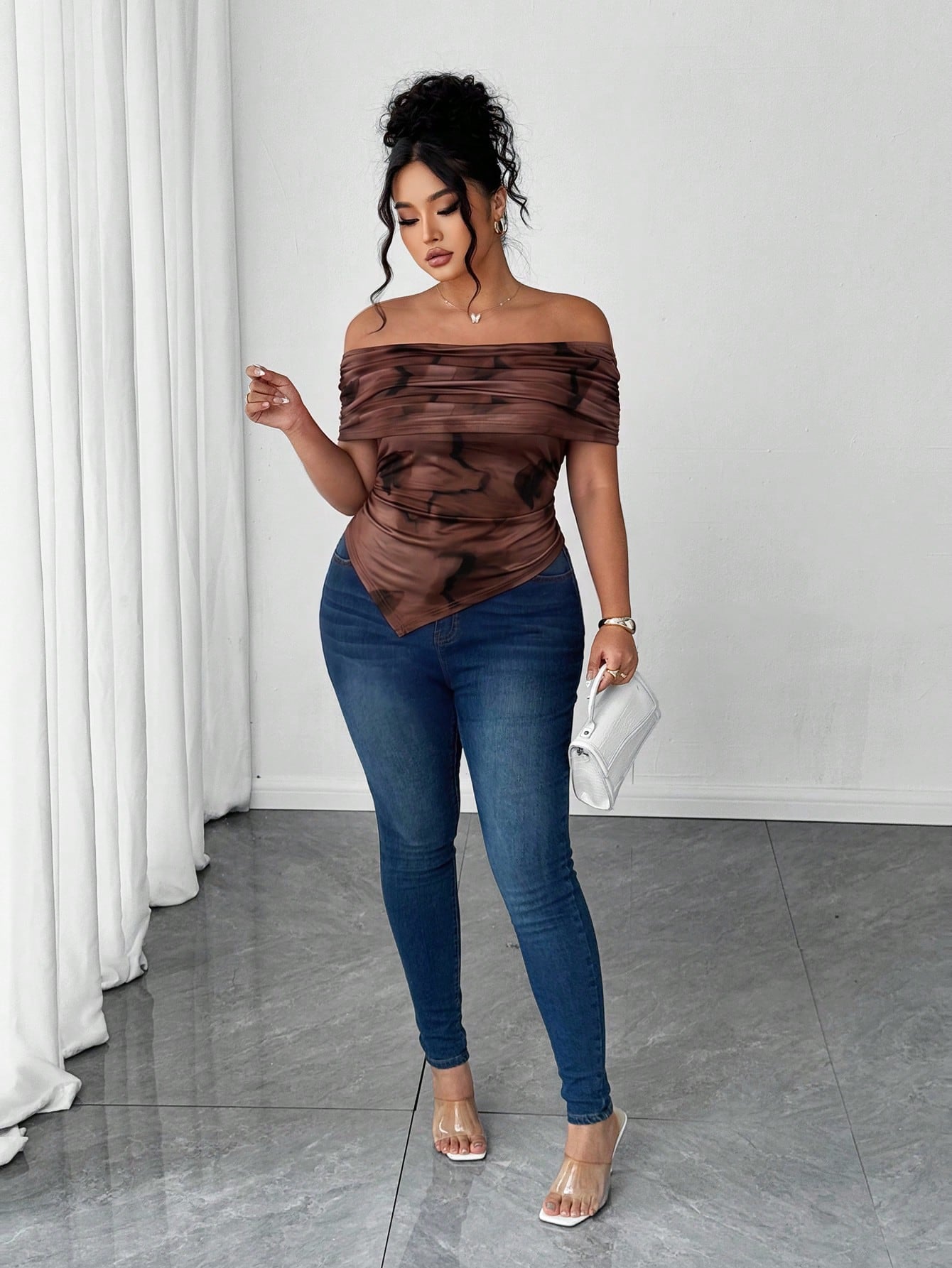 Elenzga Plus Size Women Elegant Off-Shoulder Ruched Asymmetric Hem Cinched Waist T-Shirt