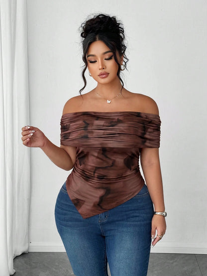 Elenzga Plus Size Women Elegant Off-Shoulder Ruched Asymmetric Hem Cinched Waist T-Shirt