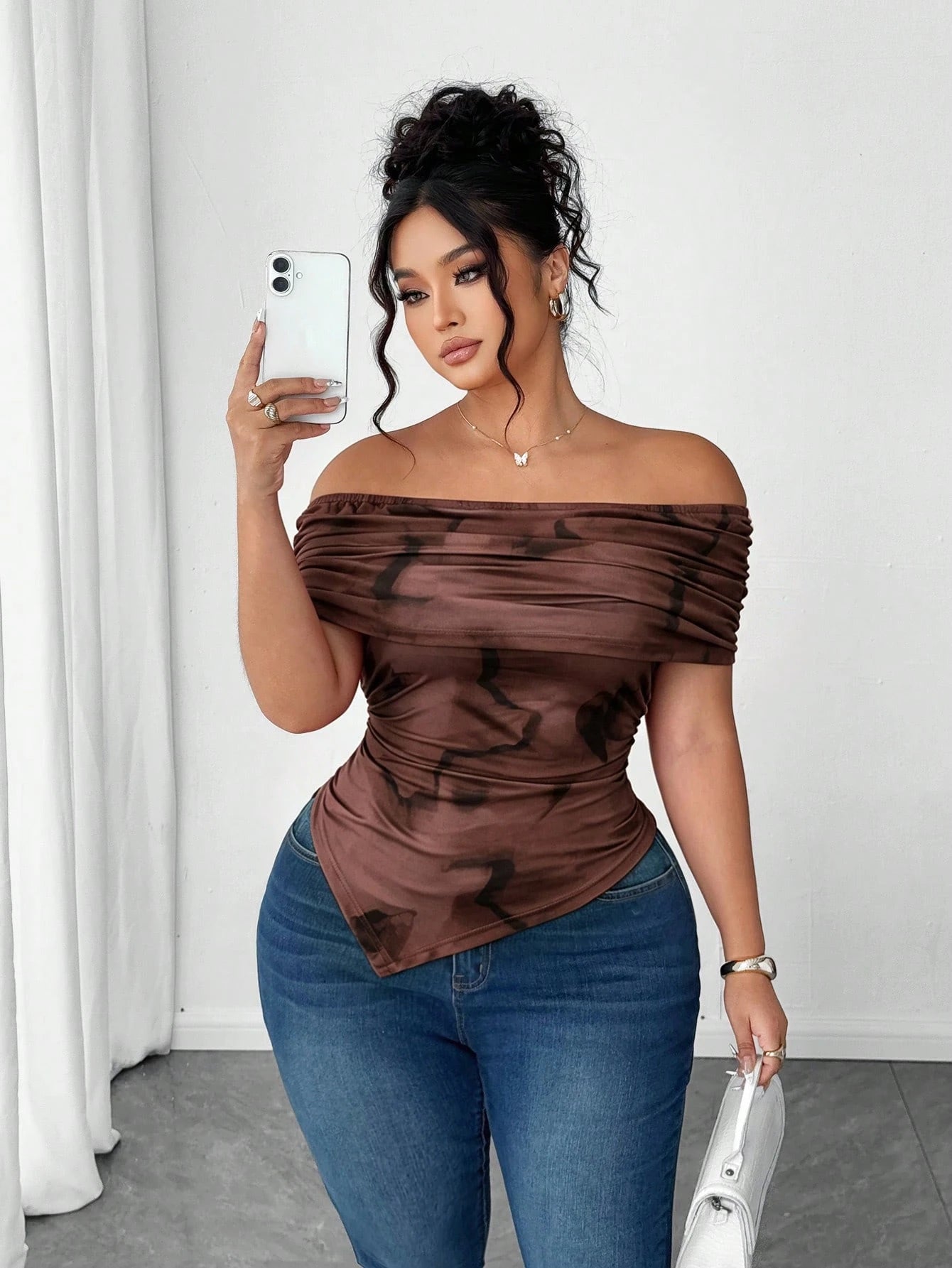Elenzga Plus Size Women Elegant Off-Shoulder Ruched Asymmetric Hem Cinched Waist T-Shirt