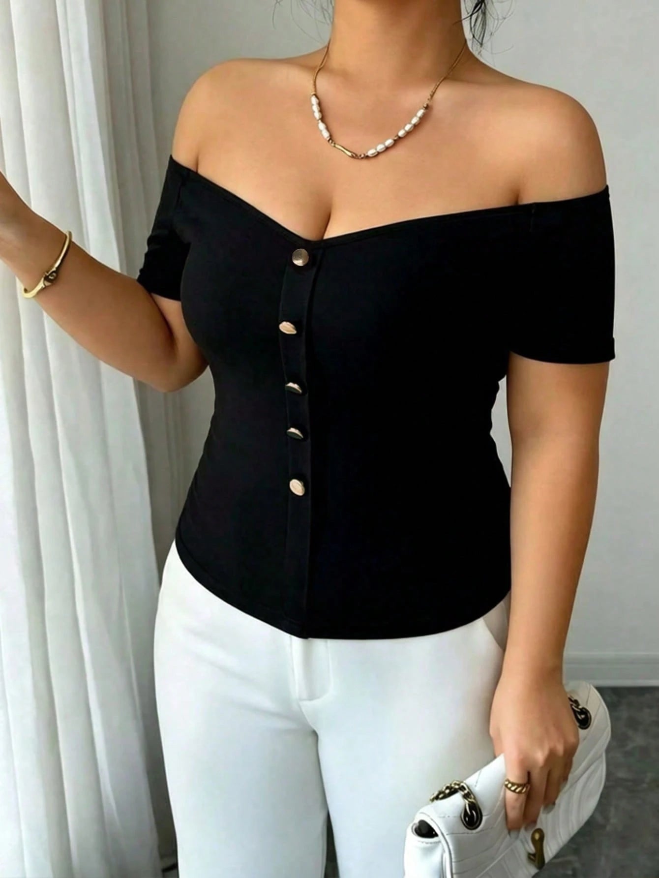 Elenzga Plus Size Women Solid Color One Shoulder Single-Breasted Short Sleeve Fashion T-Shirt
