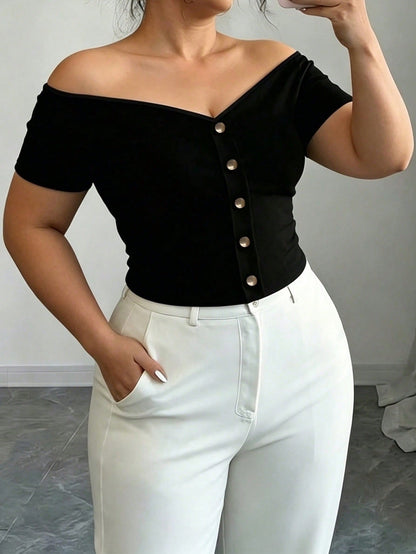 Elenzga Plus Size Women Solid Color One Shoulder Single-Breasted Short Sleeve Fashion T-Shirt