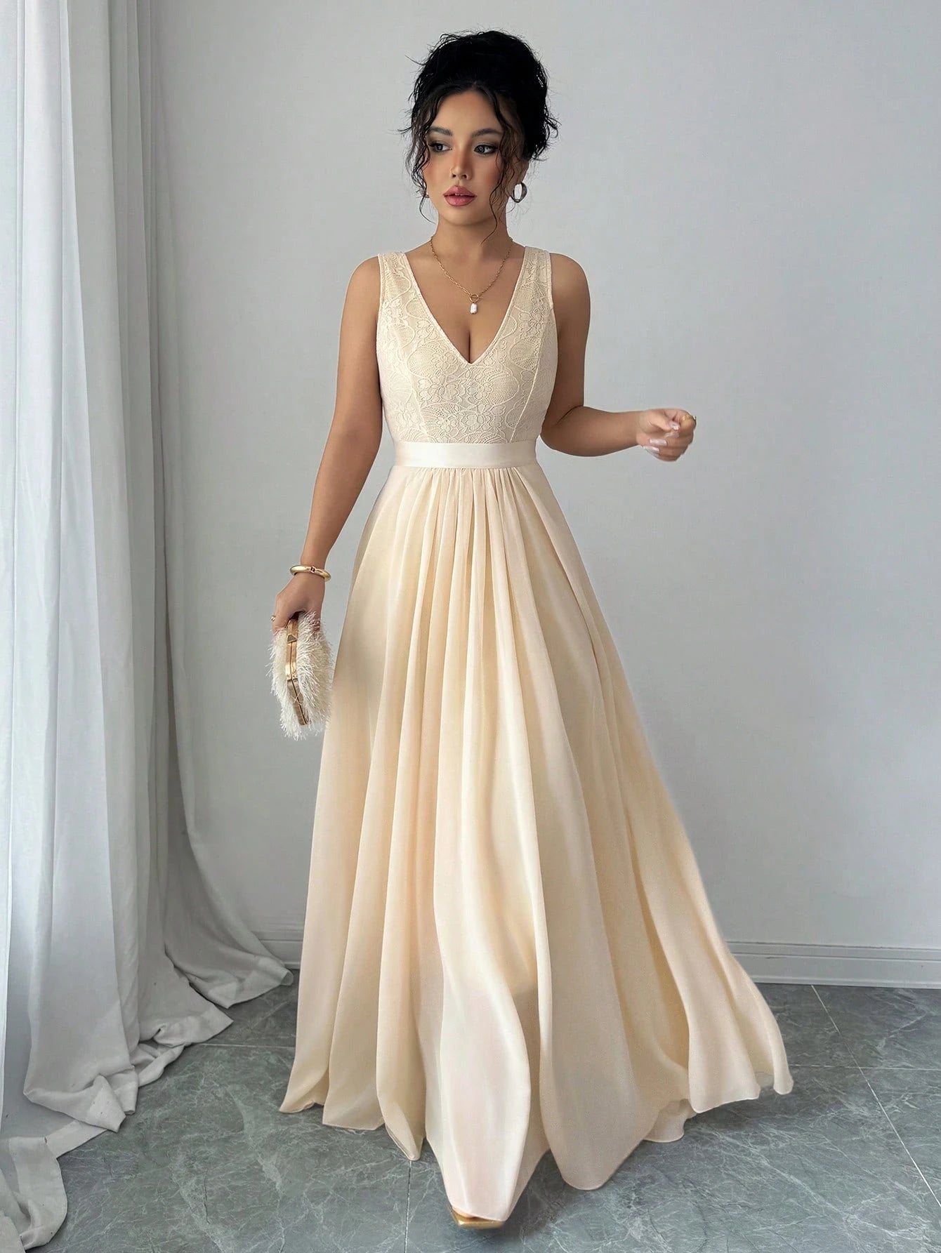 Elenzga Sleeveless V-Neck Cinched Waist A-Line Elegant & Romantic Party Dress For Women Maxi Women Outfit