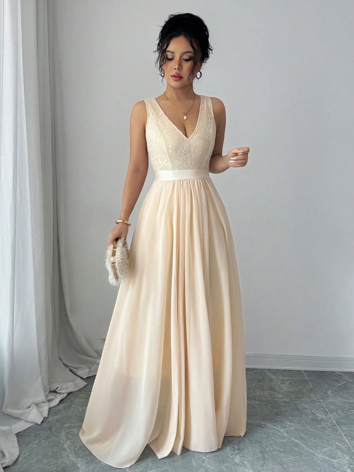 Elenzga Sleeveless V-Neck Cinched Waist A-Line Elegant & Romantic Party Dress For Women Maxi Women Outfit