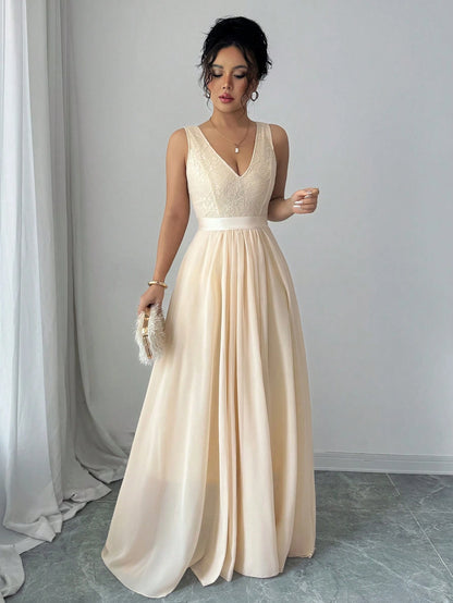 Elenzga Sleeveless V-Neck Cinched Waist A-Line Elegant & Romantic Party Dress For Women Maxi Women Outfit