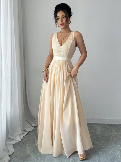 Elenzga Sleeveless V-Neck Cinched Waist A-Line Elegant & Romantic Party Dress For Women Maxi Women Outfit