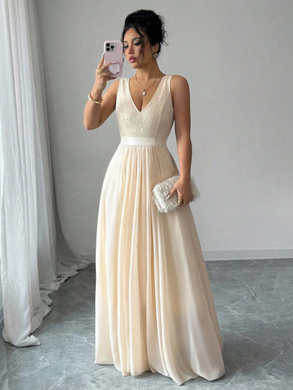 Elenzga Sleeveless V-Neck Cinched Waist A-Line Elegant & Romantic Party Dress For Women Maxi Women Outfit