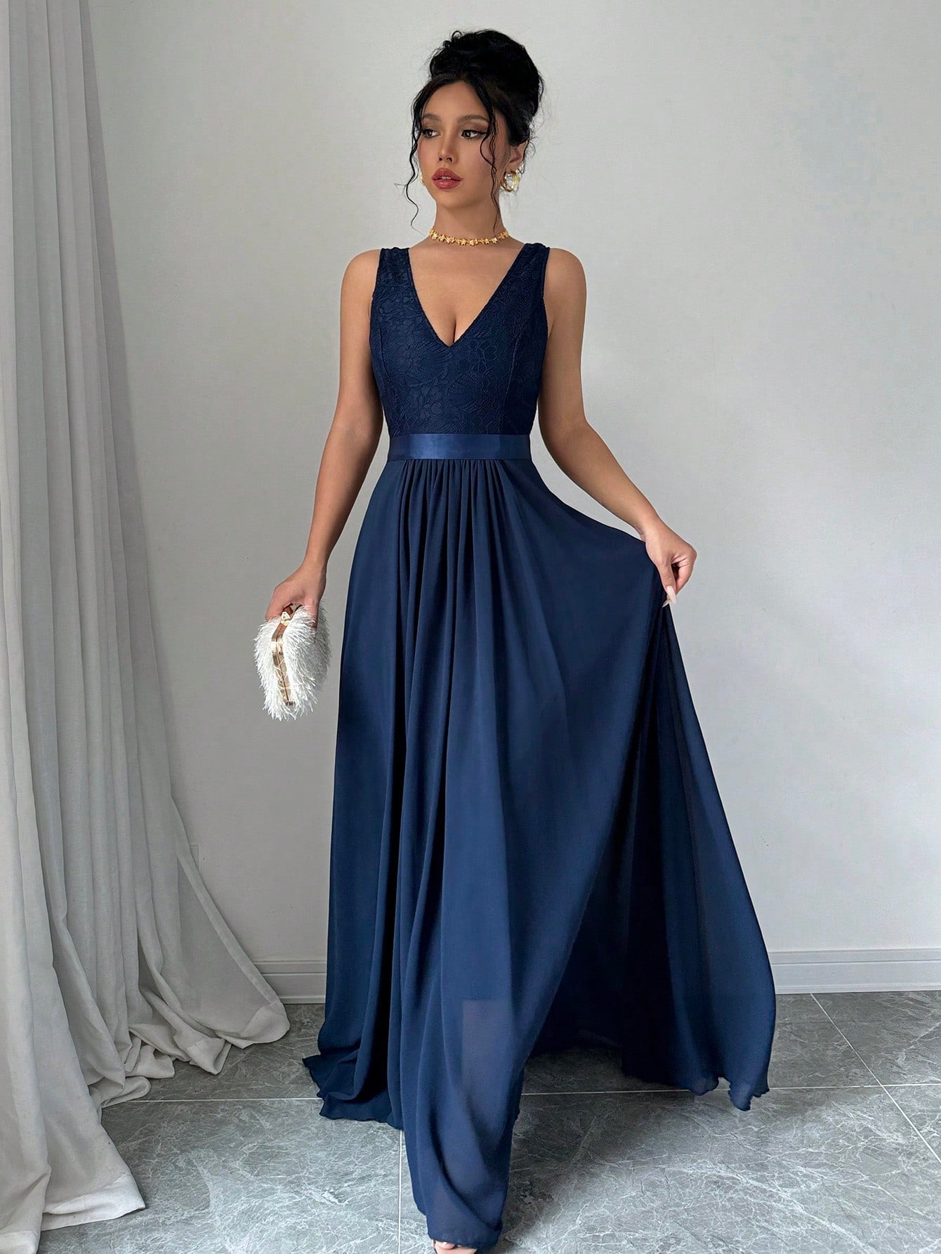 Elenzga Sleeveless V-Neck Cinched Waist A-Line Elegant & Romantic Party Dress For Women Maxi Women Outfit