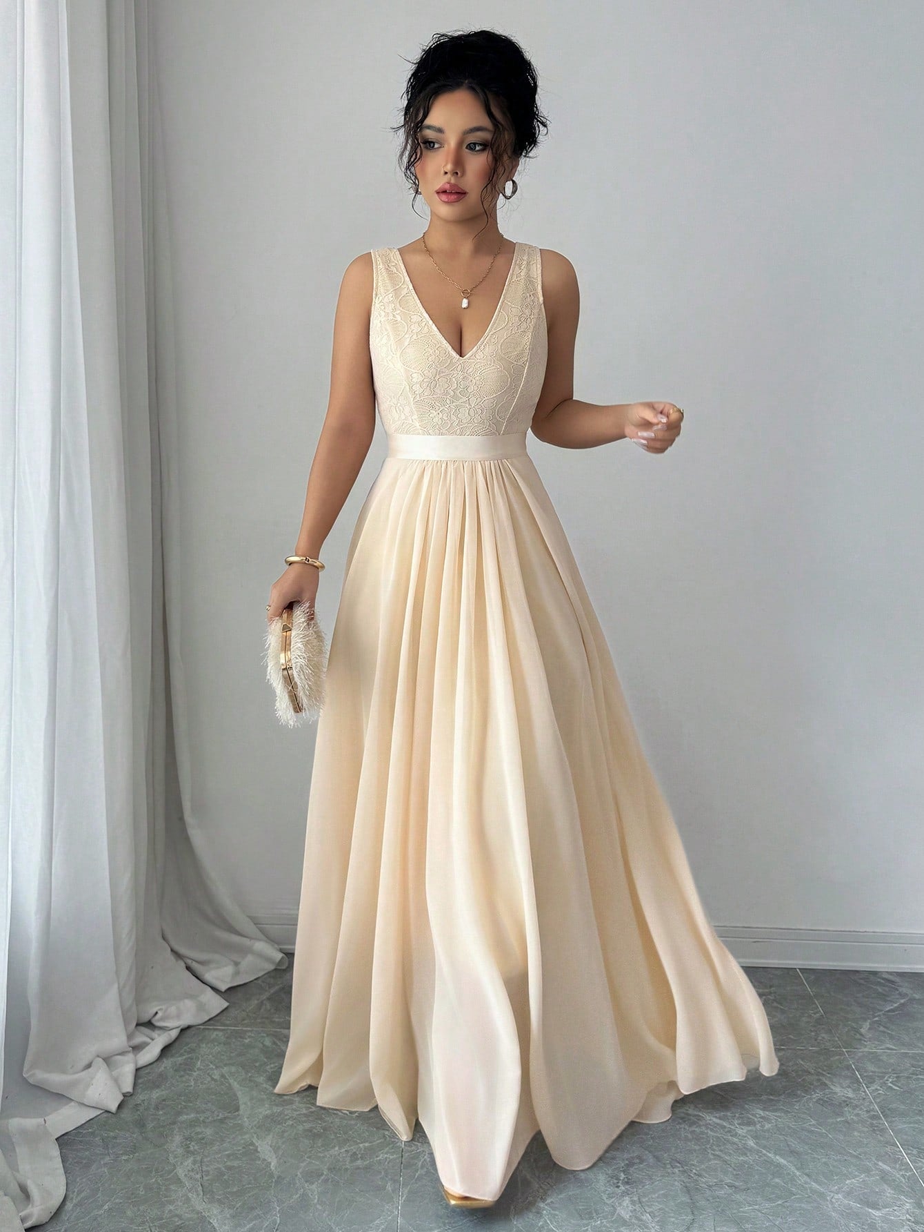 Elenzga Sleeveless V-Neck Cinched Waist A-Line Elegant & Romantic Party Dress For Women Maxi Women Outfit