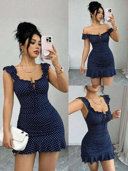 Elenzga Vintage Polka Dot Print Off-Shoulder Ruffle Hem Dress, Elegant Sexy French Style Ditsy Floral Backless Summer Dress