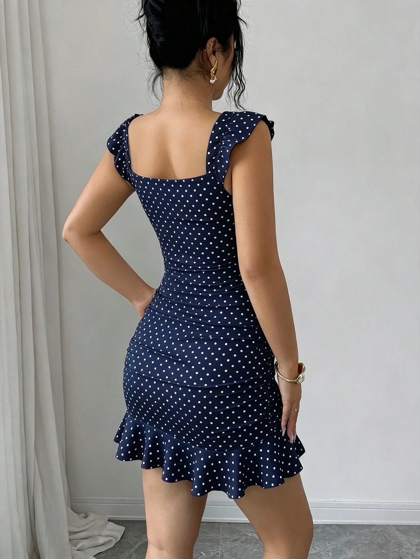 Elenzga Vintage Polka Dot Print Off-Shoulder Ruffle Hem Dress, Elegant Sexy French Style Ditsy Floral Backless Summer Dress
