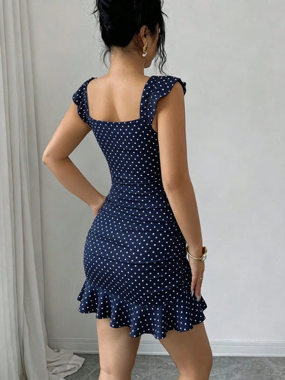 Elenzga Vintage Polka Dot Print Off-Shoulder Ruffle Hem Dress, Elegant Sexy French Style Ditsy Floral Backless Summer Dress