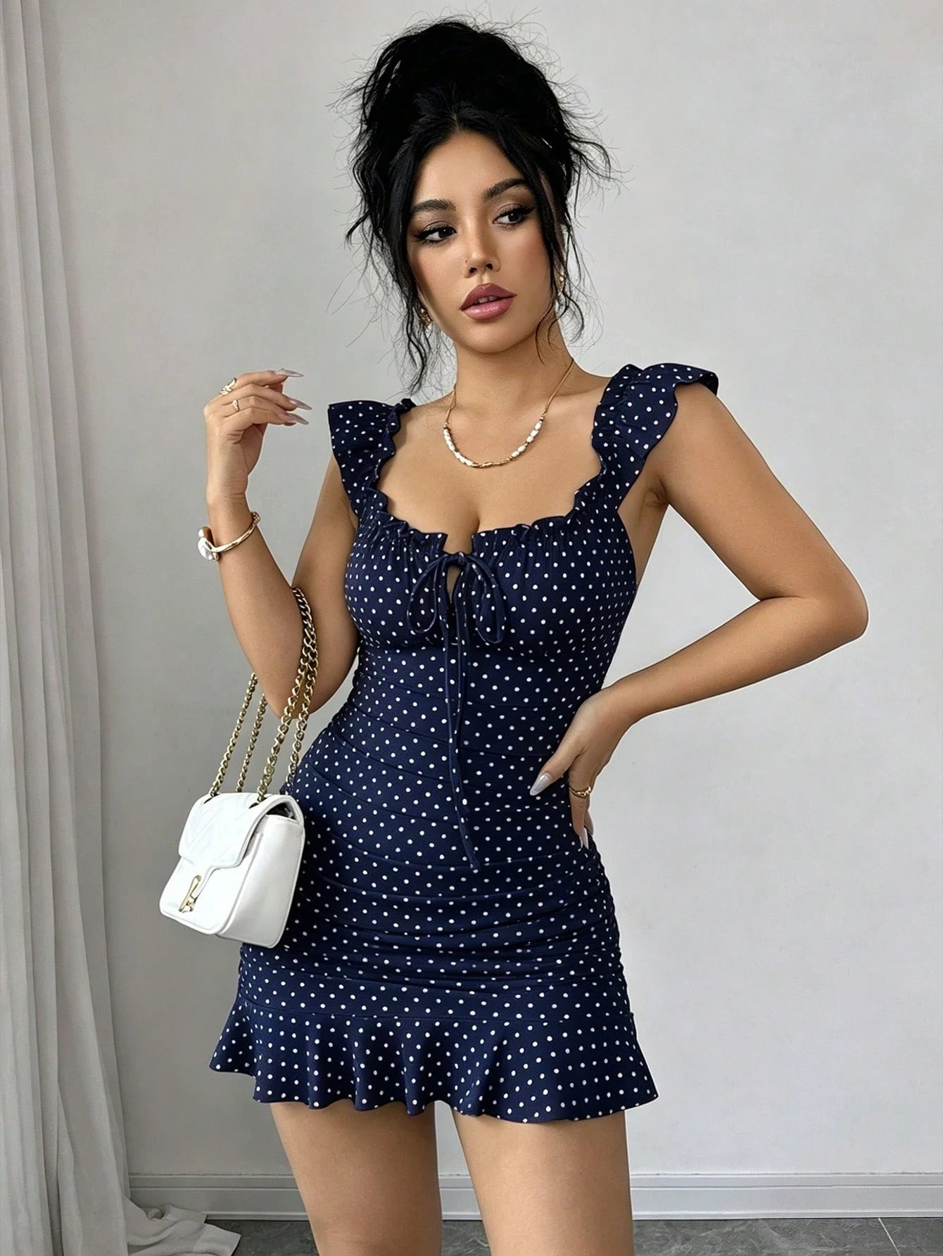 Elenzga Vintage Polka Dot Print Off-Shoulder Ruffle Hem Dress, Elegant Sexy French Style Ditsy Floral Backless Summer Dress