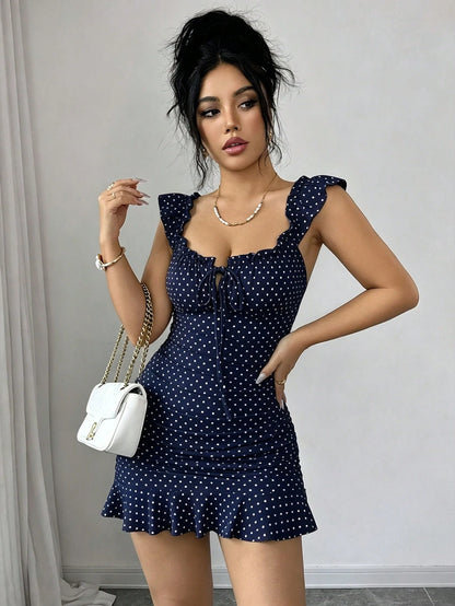 Elenzga Vintage Polka Dot Print Off-Shoulder Ruffle Hem Dress, Elegant Sexy French Style Ditsy Floral Backless Summer Dress