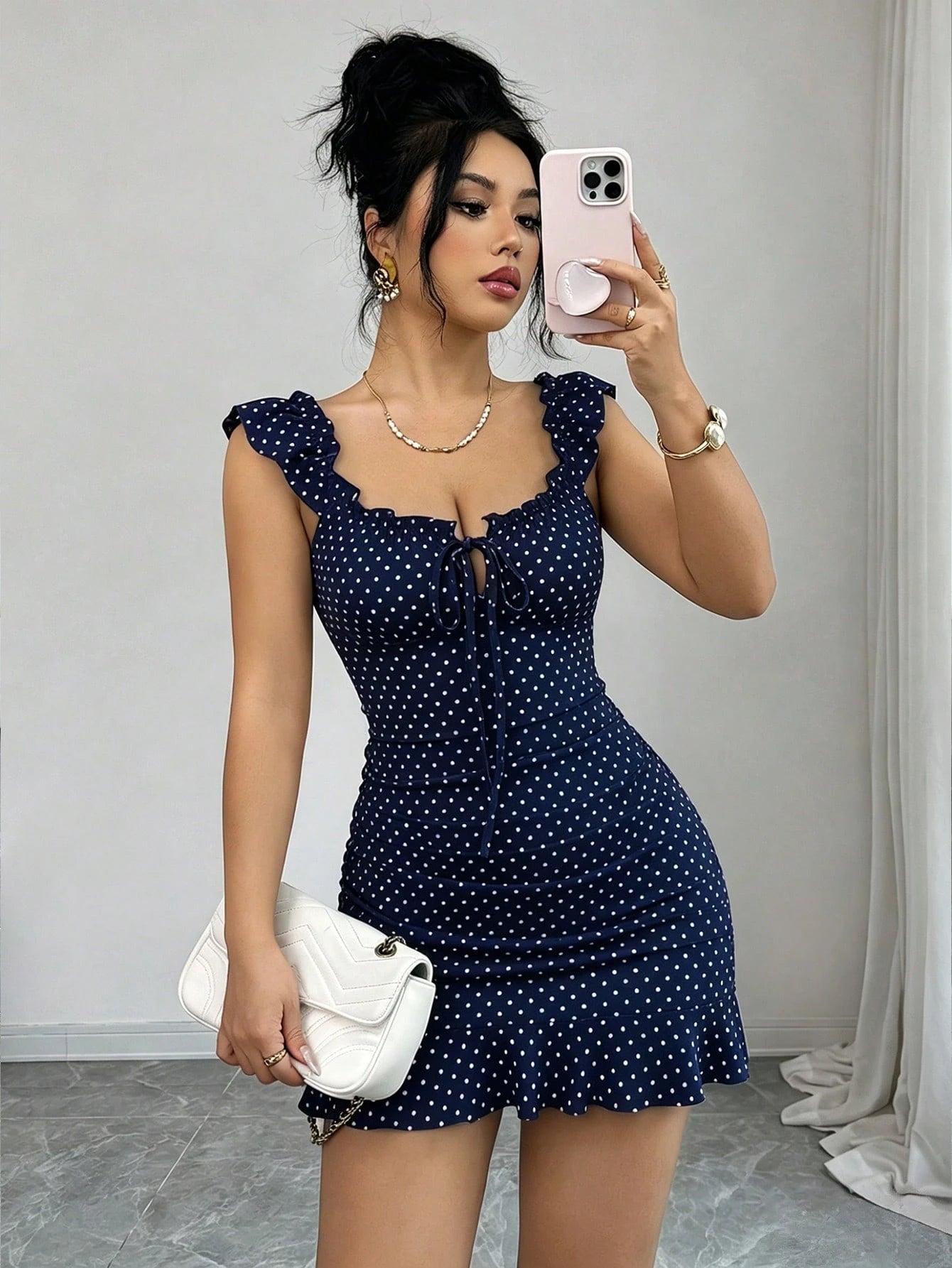 Elenzga Vintage Polka Dot Print Off-Shoulder Ruffle Hem Dress, Elegant Sexy French Style Ditsy Floral Backless Summer Dress