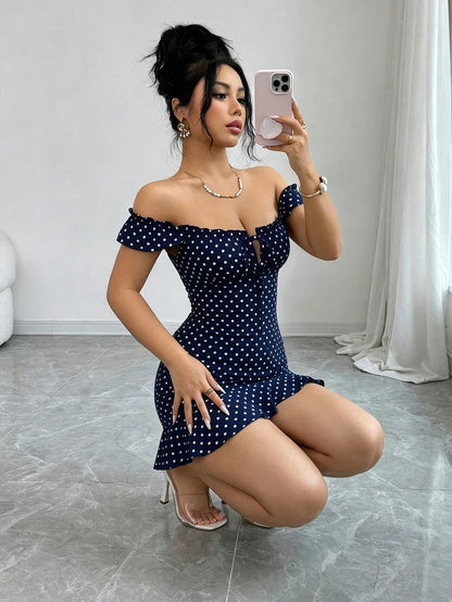 Elenzga Vintage Polka Dot Print Off-Shoulder Ruffle Hem Dress, Elegant Sexy French Style Ditsy Floral Backless Summer Dress