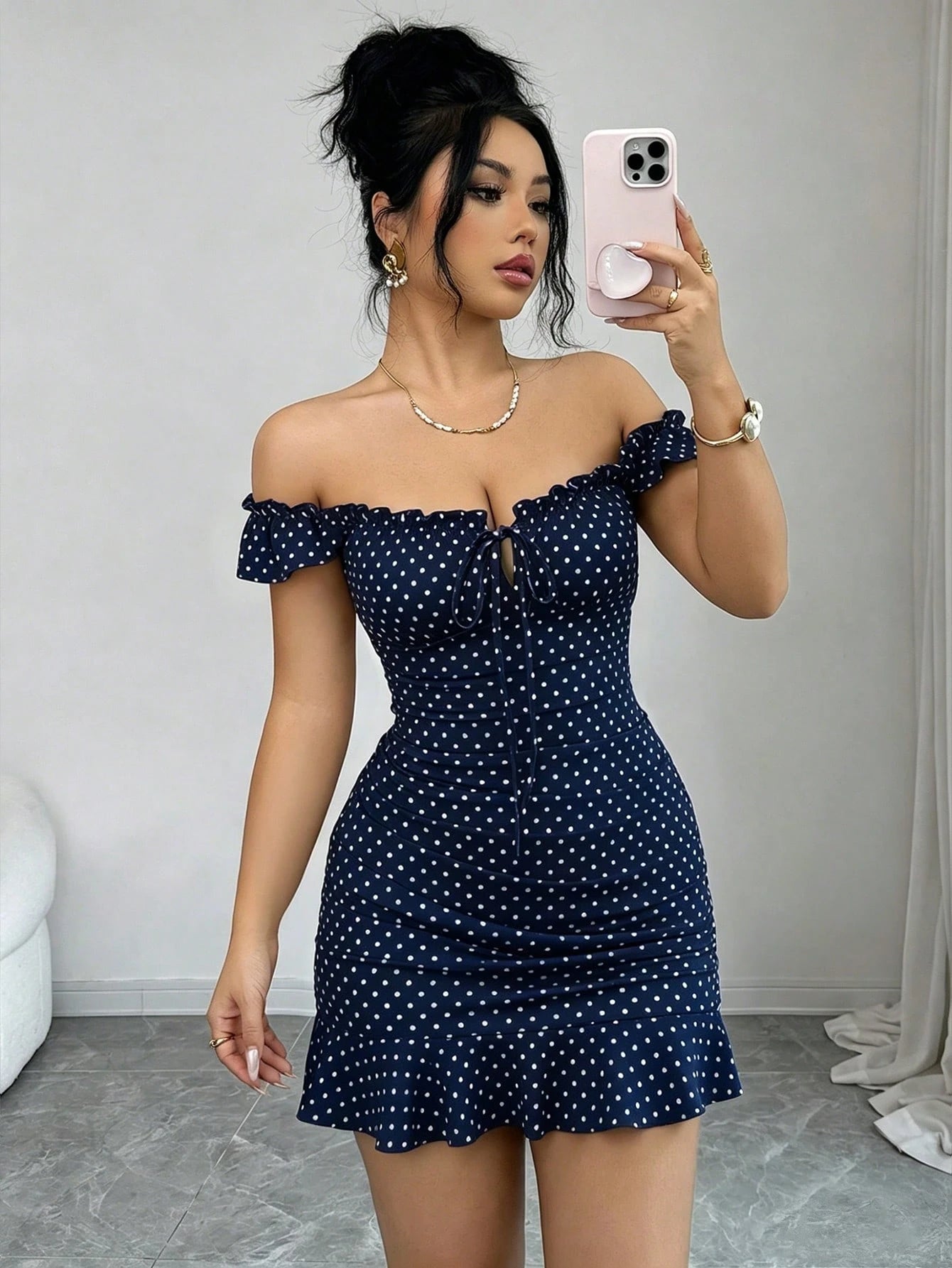 Elenzga Vintage Polka Dot Print Off-Shoulder Ruffle Hem Dress, Elegant Sexy French Style Ditsy Floral Backless Summer Dress