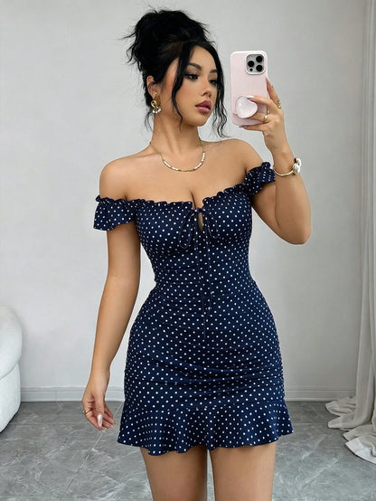 Elenzga Vintage Polka Dot Print Off-Shoulder Ruffle Hem Dress, Elegant Sexy French Style Ditsy Floral Backless Summer Dress