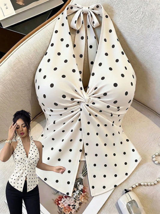 Elenzga Women's Apricot Black White Polka Dot V-Neck Twist Halter Crop Top,Elegant,Summer Tea Party Design,High-Quality Fashion Essential For Date,Cocktail