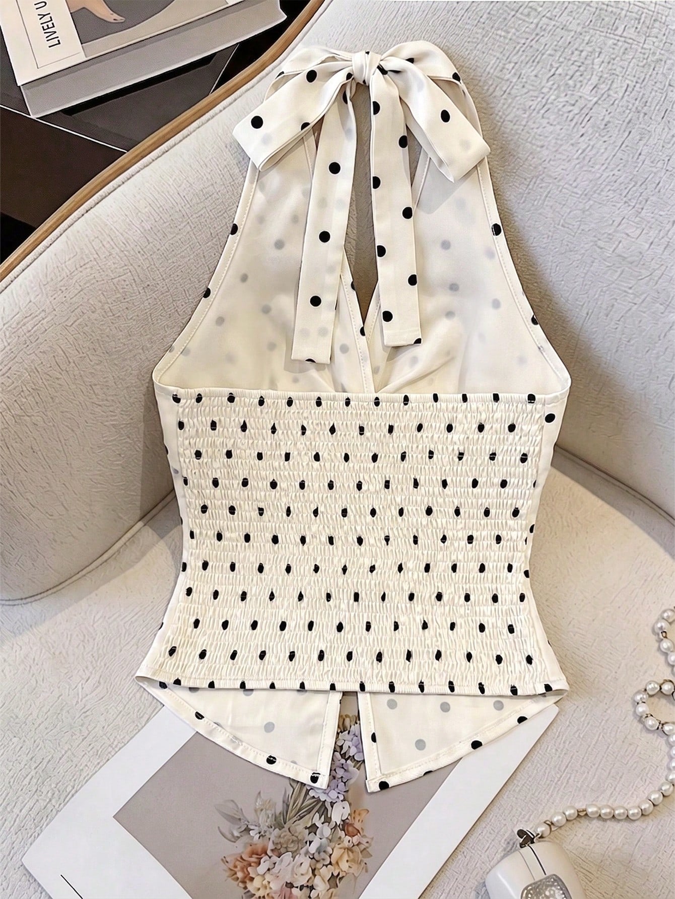 Elenzga Women's Apricot Black White Polka Dot V-Neck Twist Halter Crop Top,Elegant,Summer Tea Party Design,High-Quality Fashion Essential For Date,Cocktail