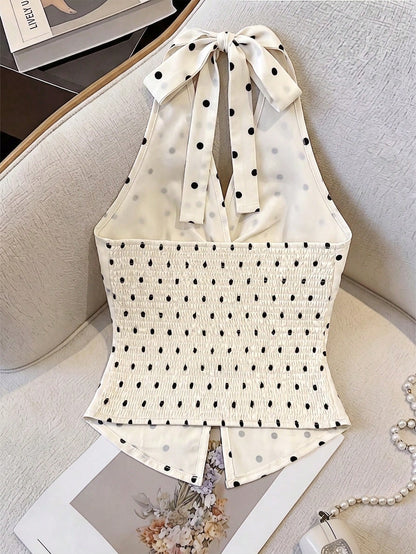 Elenzga Women's Apricot Black White Polka Dot V-Neck Twist Halter Crop Top,Elegant,Summer Tea Party Design,High-Quality Fashion Essential For Date,Cocktail