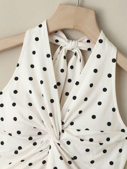 Elenzga Women's Apricot Black White Polka Dot V-Neck Twist Halter Crop Top,Elegant,Summer Tea Party Design,High-Quality Fashion Essential For Date,Cocktail
