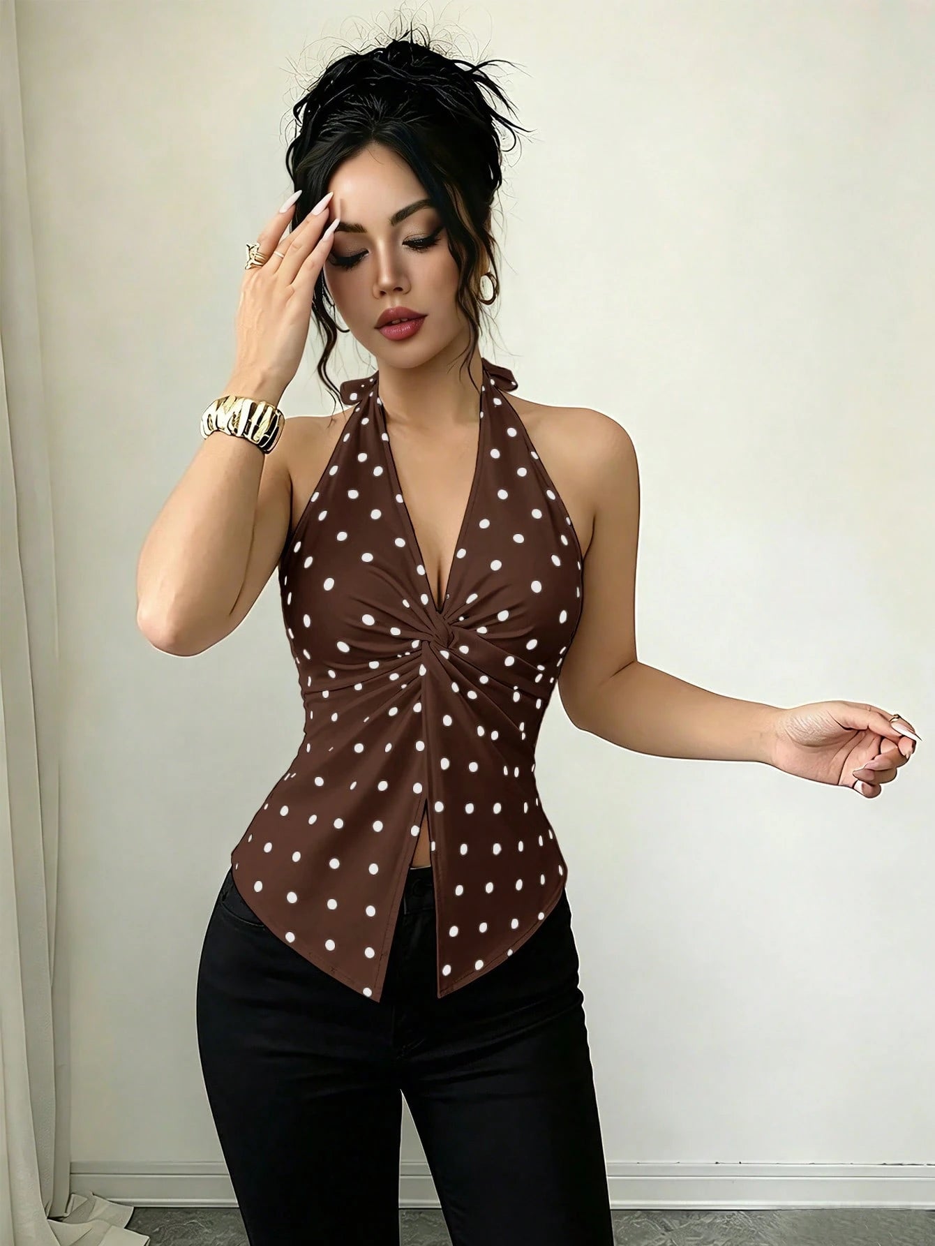 Elenzga Women's Apricot Black White Polka Dot V-Neck Twist Halter Crop Top,Elegant,Summer Tea Party Design,High-Quality Fashion Essential For Date,Cocktail