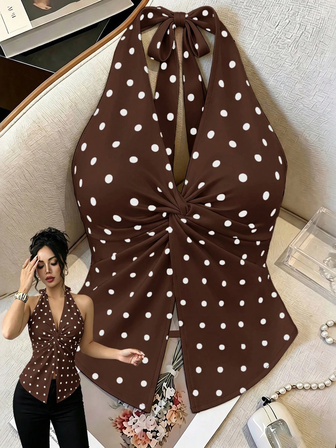 Elenzga Women's Apricot Black White Polka Dot V-Neck Twist Halter Crop Top,Elegant,Summer Tea Party Design,High-Quality Fashion Essential For Date,Cocktail