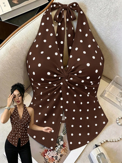 Elenzga Women's Apricot Black White Polka Dot V-Neck Twist Halter Crop Top,Elegant,Summer Tea Party Design,High-Quality Fashion Essential For Date,Cocktail